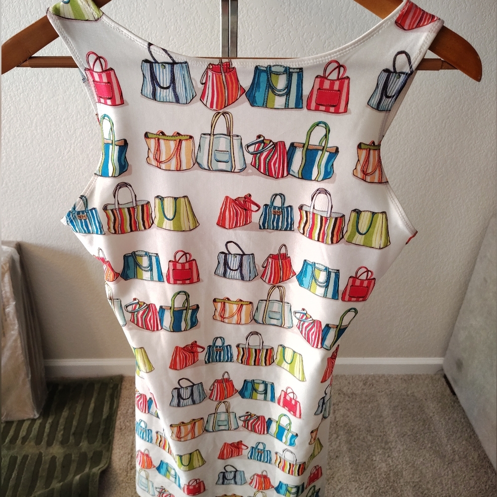 Vintage Nicole Miller Sheath Purses Print Dress Size Small 90s Y2k